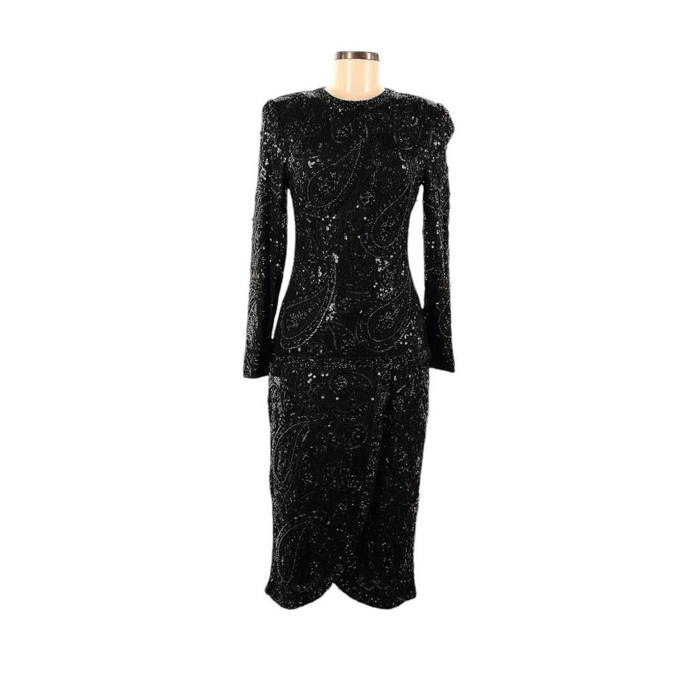1980s Vintage Scarlett Rage Beaded Sequin Black Long Sleeve Cocktail Dress RARE